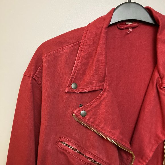 Free People Oversized Red Denim Moto Jacket Size M - Picture 8 of 14
